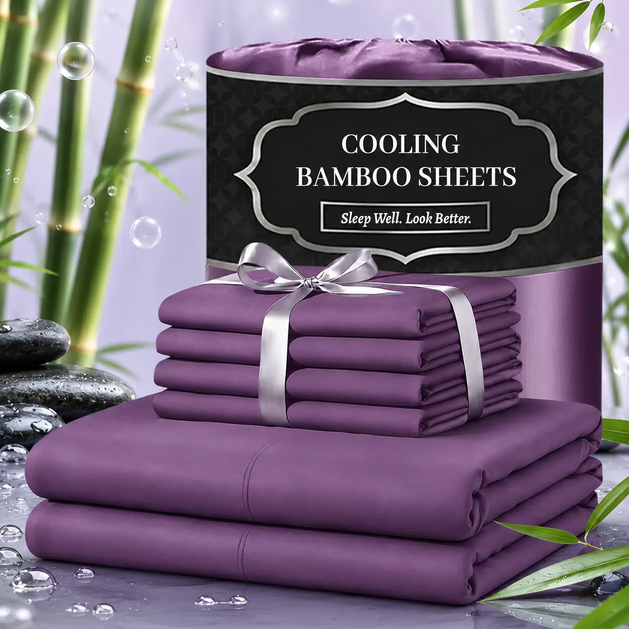 MUXHOMO 6-Pc Extra Deep Pocket Bamboo Sheets Set - Breathable, Cooling, Hotel Luxury, Soft, Wrinkle-Free Fitted Sheets & Pillowcases for T/F/Q/K Mattresses, Back to School, Home Decor
