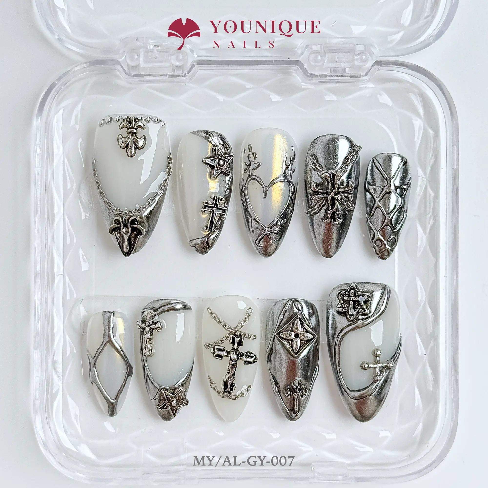 Younique Nails  | 10PCS 100% Handmade Press-On Nails |  Reusable Colorful Art Glossy Design Acrylic Luxury Long Lasting 3D Stylish Office Wear Floral Embellished Rhinestone