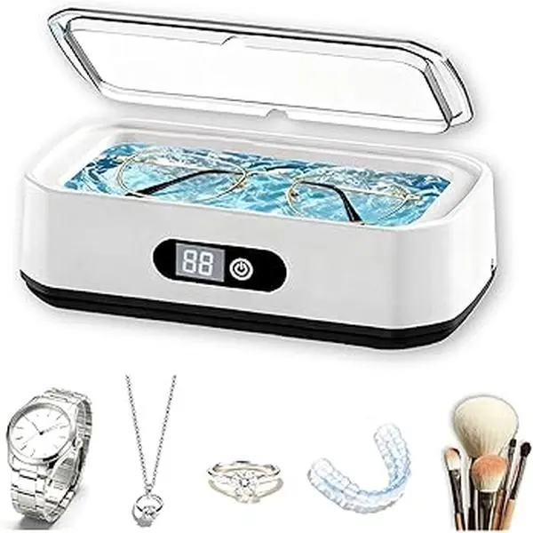 Upgraded 49000Hz Ultrasonic Jewelry Cleaner, 304 Stainless Steel 650ml Water Tank, 5 Timer Settings (3min,15min Included), Digital Display, Anti-Slip ft, Adapter, Eyeglass Cloth for Eyeglasses, Watches, Anti-Slip Feet