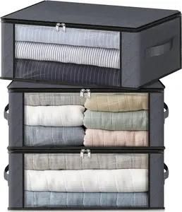Homehacks 3-Pack Foldable Clothes Storage Bags – 35L Gray Organizer Boxes with Clear Window & Sturdy Handles for Closet, Dorm, Bedding, Pillows, Clothes & Blankets HomeHacks