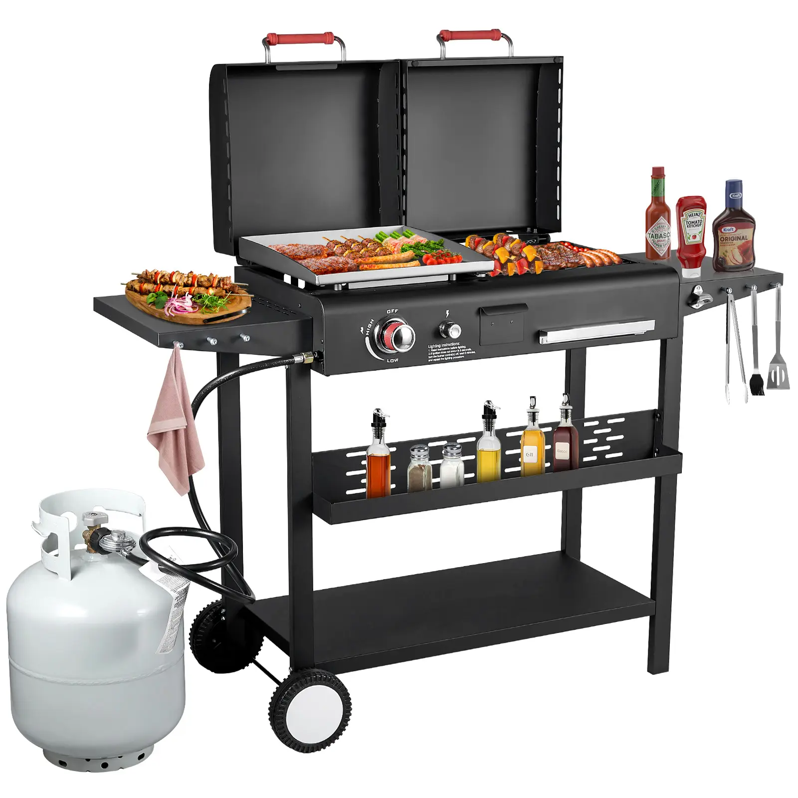 Bestfire Portable Combo Grill, Sturdy Steel BBQ with Cast Iron Griddle Top, Dual-Fuel Propane & Charcoal with 2 Side Shelves for Outdoor Camping & Tailgating barbecue cooking picnic cooker patio