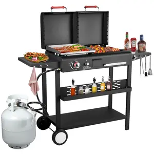 BESTFIRE 2-in-1 Propane & Charcoal Combo Grill with Flat Top Griddle, Includes dual lids & two side shelves for grilling smoking griddling backyard cooking