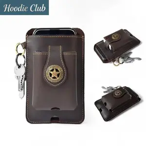 Vintage Genuine Leather Waist Pack for Men Cowhide Phone Holster Belt Loop Pouch Multifunctional Card Holder with Keychain Outdoor Travel Hiking Everyday Carry
