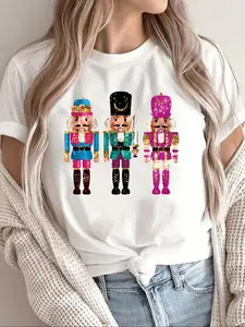 Women's Cartoon Nutcracker Print Round Neck Tee, Casual Short Sleeve Crew Neck T-shirt for Daily Wear, Ladies Clothes for All Seasons
