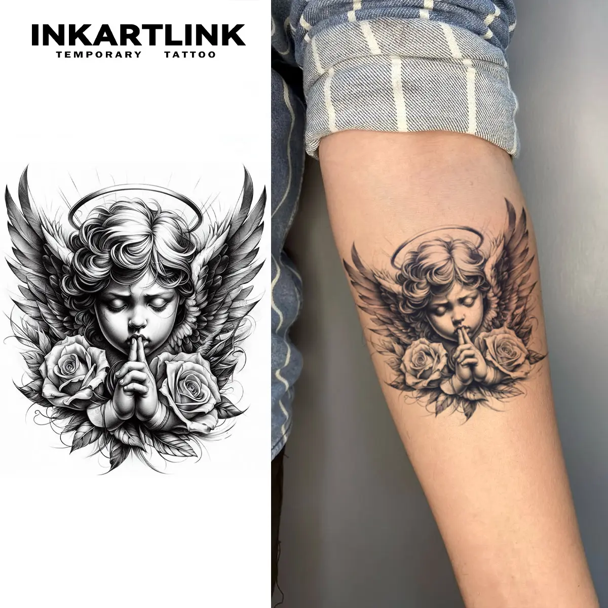 INKARTLINK Cherub Shape Fake Tattoos, 2 Sheets Floral Art, Semi-Permanent Waterproof Swimming Safe Option for Adults, Lasts 1-2 Weeks Ideal for Parties, Tattoo Art