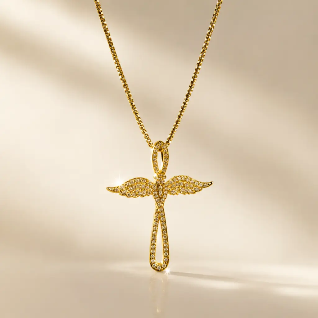 Golden Tone Angel Wing Cross Pendant Necklace, Sparkly Cubic Zirconia Inlaid Adjustable Box Chain Necklace, 18K Gold Plated Brass Dainty Jewelry for Women, Lightweight Daily & Party Wear, 40cm+5cm Adjustable Clavicle Chain, Ideal Gift for Her