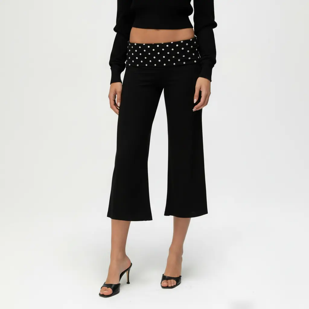 Casual Wide-Leg Culottes for Women - Fold-Over Waist Cropped Pants, Minimalist Chic Design for Work & Weekend, Stretchy Soft Knit Fabric