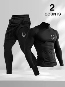 Men's 2 Piece Unique Wolf Print Workout Set, Quick-Dry High Stretch Compression Shirt & 2 in 1 Shorts, Athletic Gym Tracksuit, Training Outfit for Running