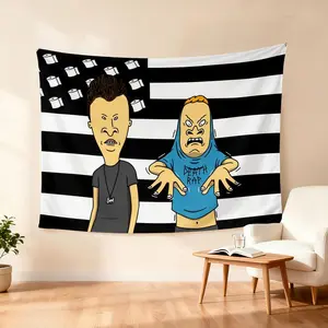 Black‑and‑White Striped National Flag Two‑Male Anime Tapestry, Gothic Style Stylish Home Wall Decor