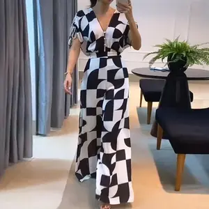 CHICME Women's Geometric Print V-Neck Short Sleeve Zipper Jumpsuit Fit Casual
