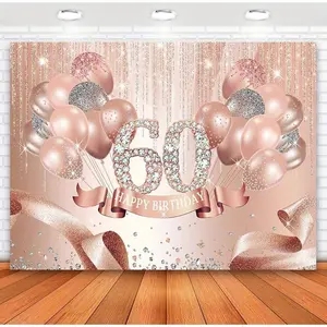 Rose Gold Happy 60th Birthday Backdrop, Shimmer Wall Backdrop, 1 Count Glitter Balloons Dots Photography Background, Shining Diamond Sixty Years Old Party Banner