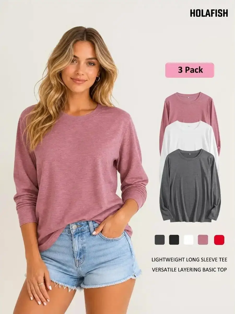 Holafish Women's 3-Pack Round-Neck Long Sleeve Basic Tees - Soft Blend, Relaxed Cut, Stretchy Lightweight Minimalist Casual Tops for Lounging, Fall Outfit Staple
