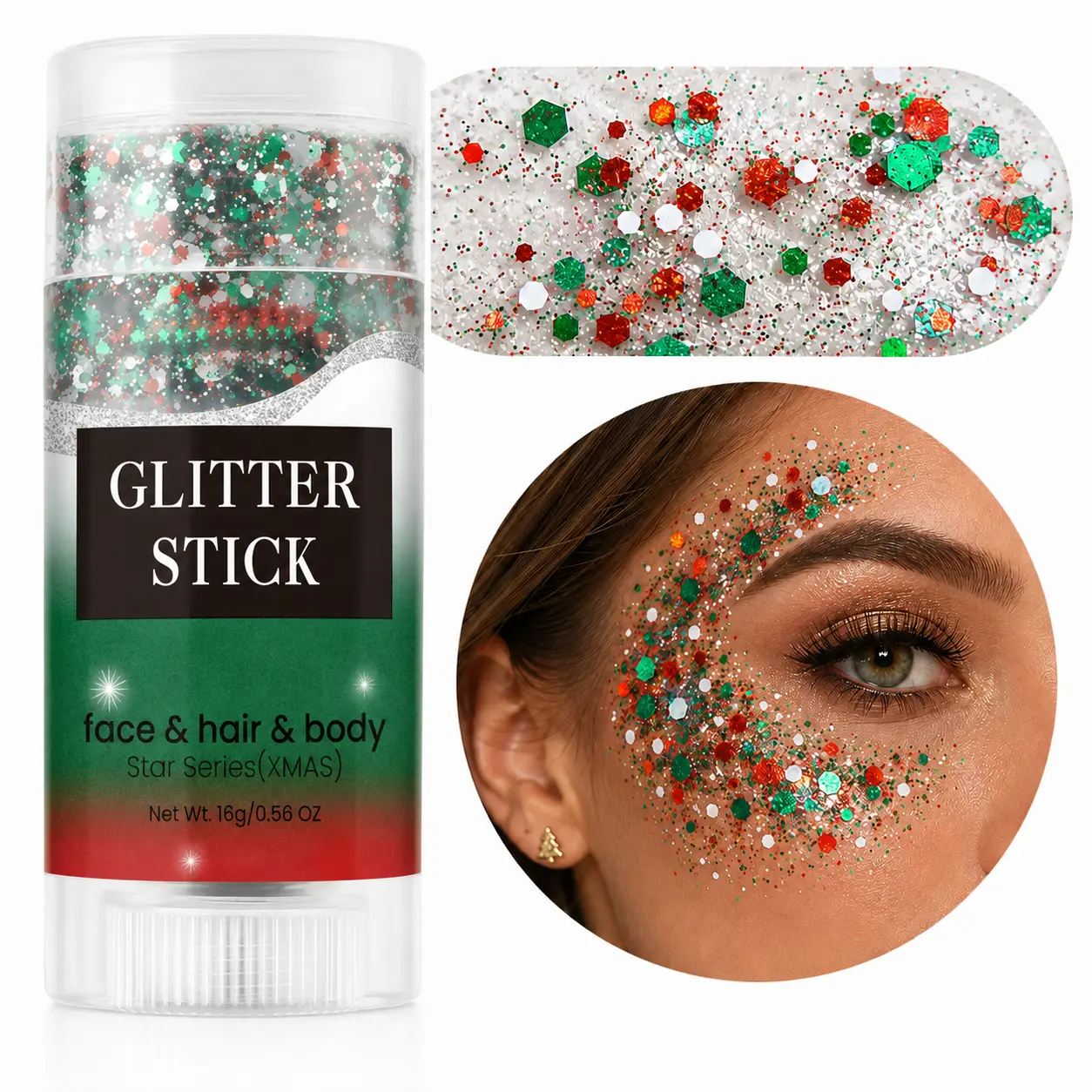 Christmas Body Glitter Stick – Waterproof Sparkle Makeup for Face, Body & Hair, Festive Red Green White Shimmer, Great for Kids & Women, Perfect for Holiday Parties