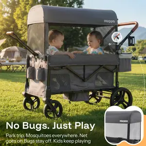 HARPPA Foldable 2 Seater Baby Stroller Wagon, UPF50+ Canopy & Mosquito Net, Stroller with Cup Holders & Stroage, All-Terrain Wheels, Adjustable Handle, Baby Items, Strollers For Babies