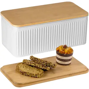 Large Bread Box for Countertop Corner Breadbox for Homemade Bread White Vertical Stripe Pattern Embossed Bread Container Bin with Bamboo Lid