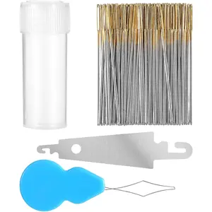 100pcs Large Eyes Cross Stitch Needles with 2 Golden Needle Threader, DIY Embroidery Hand Sewing Needles Packed in Transparent Box