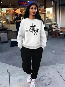 Women's Letter Print Drop Shoulder Sweatshirt & Drawstring Waist Sweatpants Set, Casual Fashion Cozy Round Neck Long Sleeve Pullover & Pocket Trousers for Daily Wear, Ladies Fall & Winter Clothes