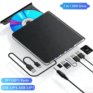 7-In-1 External CD DVD Drive, Four USB Ports, TF/SD Card Slots, USB 3.0 and Type-C Interface, Portable for Laptop Macbook PC