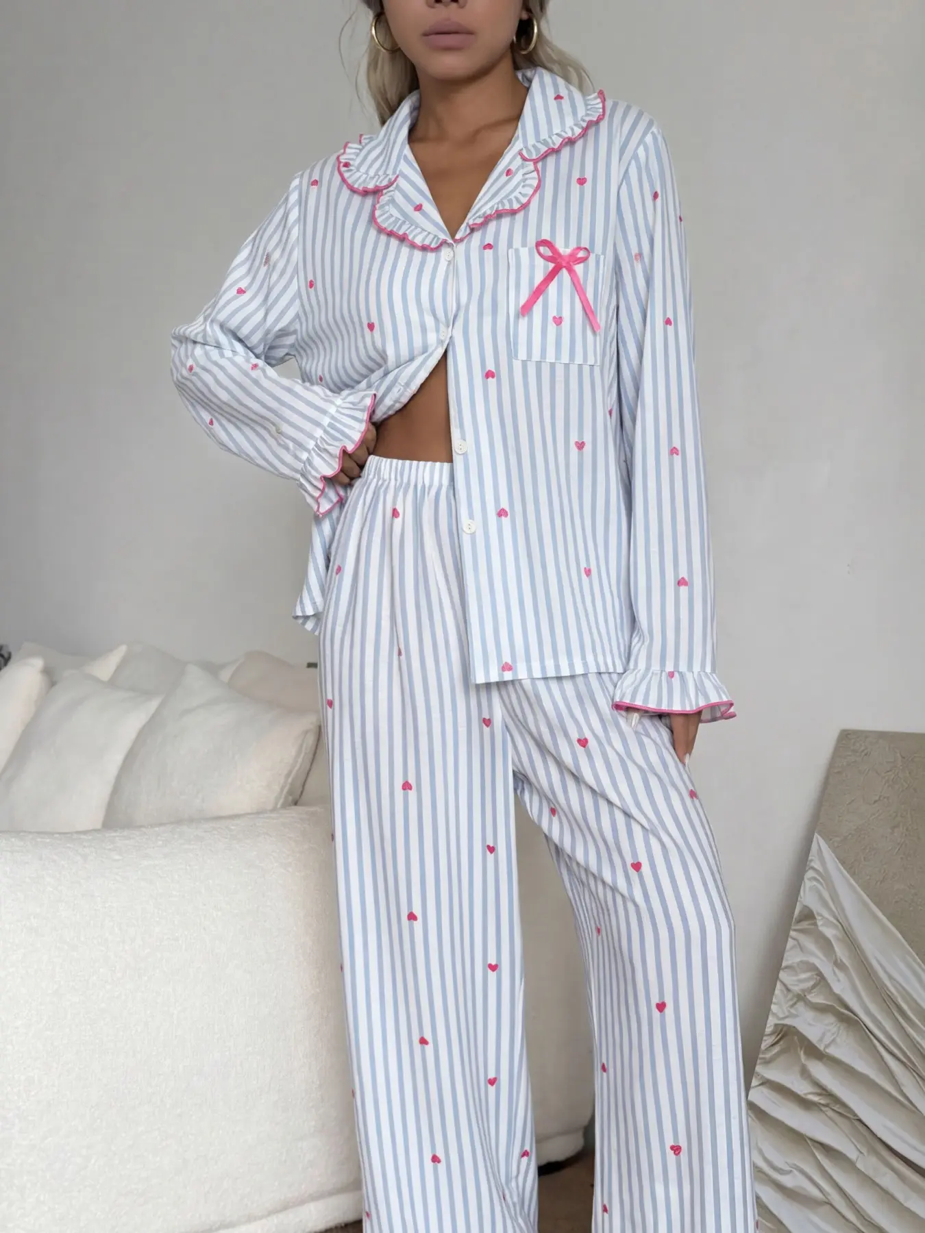 Women's Valentine's Day Gift Pajama Set Cute, Striped Heart Decoration Two-Piece Sleepwear, Long Sleeve Button Front Top & Matching Pants, Loungewear Pjs Pyjamas, Pajamas Sleepwear