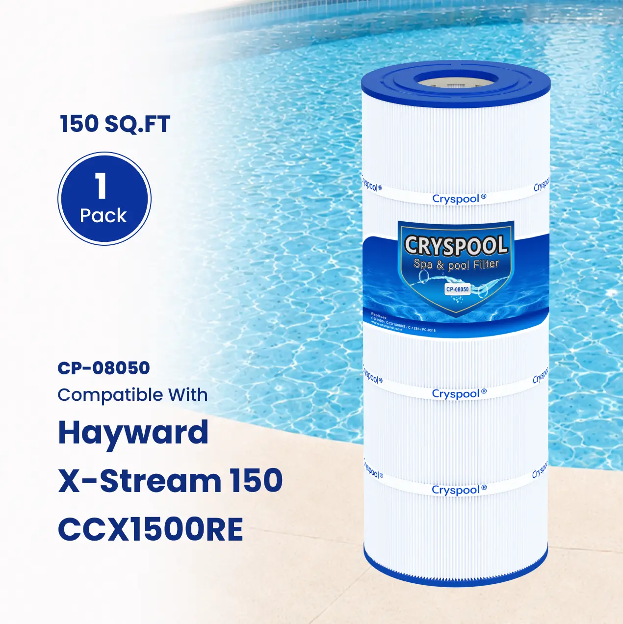 CCX1500RE Pool Cleaning Filter Cartridge (1 Pack) - Compatible with Hayward CCX1500RE, Voyager, X-Stream 150, PXST150, 817-0150n, C-8316, FC-1286, Cryspool 150 Sq.Ft Pools, Swimpro Pumps & Accessories, Hayward Voyager