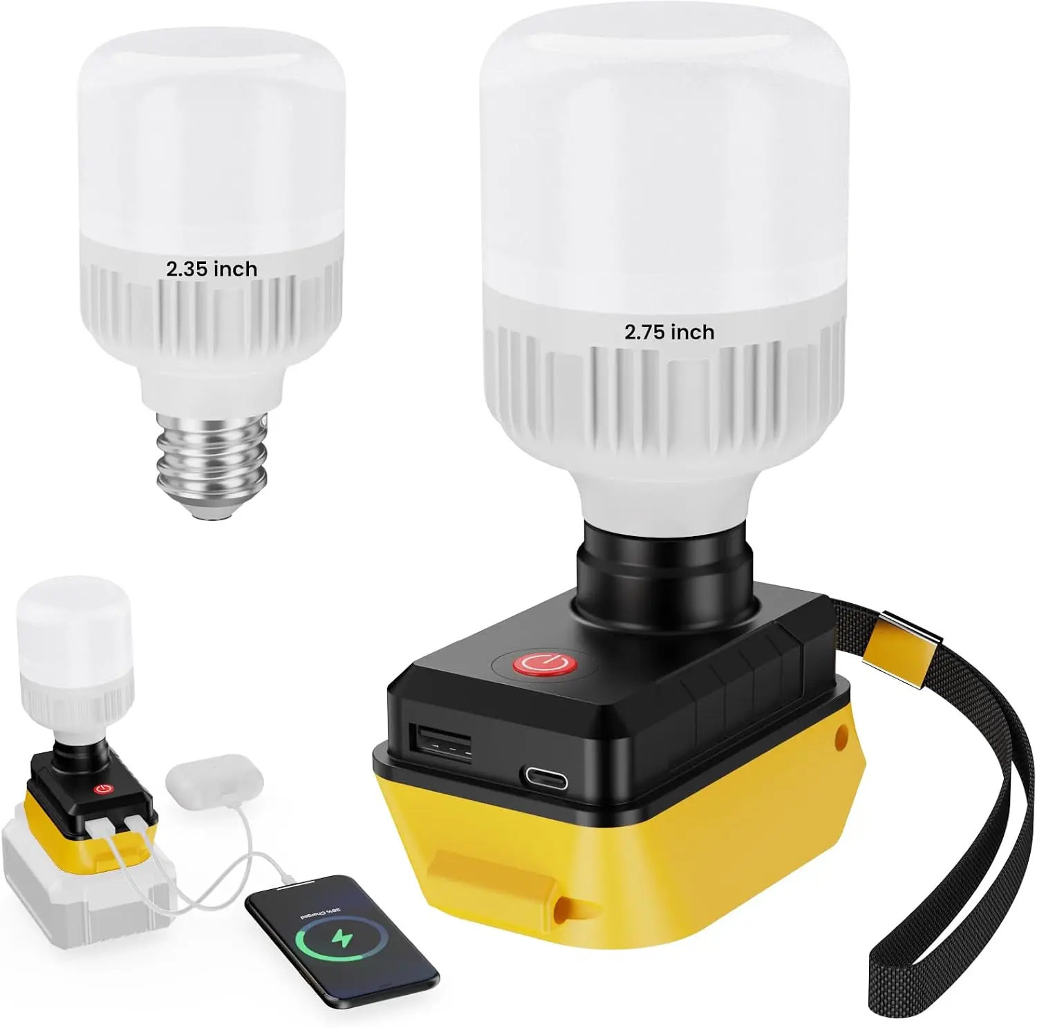DEMIMA Cordless LED Work Light(2 Bulb) for Dewalt 20V Battery (Tool Only) 15W LED Bulb Flashlight with USB & Type-C Output, 1500 Lumen, 5500-6500K Job Site Light for Indoor Outdoor Use