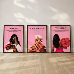 Pink Bible Verse Poster Unframed ; Christian Black Girl Wall Art, Gift for Black Woman - Set of 3
