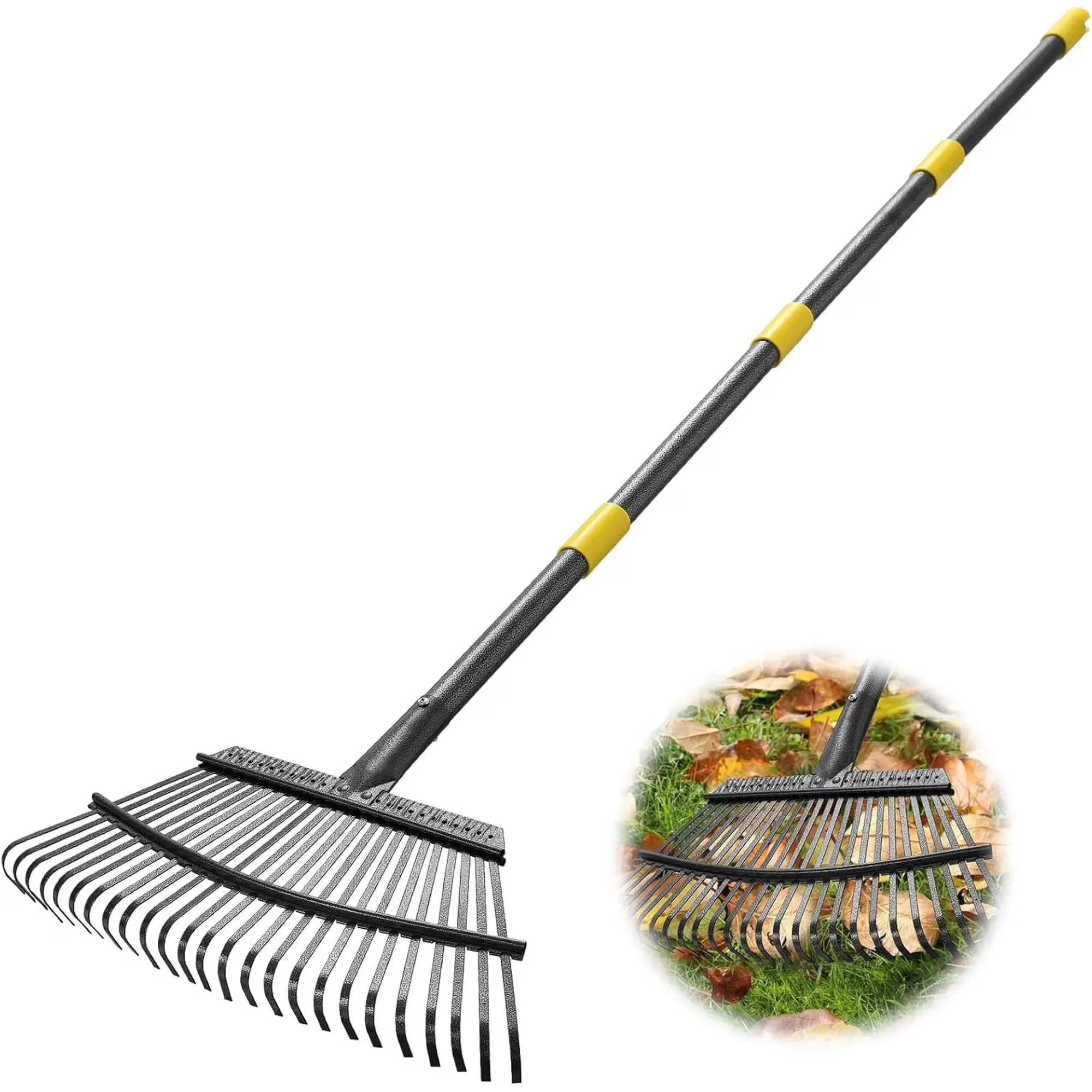 60 Inch Adjustable Metal Garden Leaf Rake with 25 Steel Tines, Heavy Duty Detachable Lawn Rake for Leaves Yard Debris and Gardening