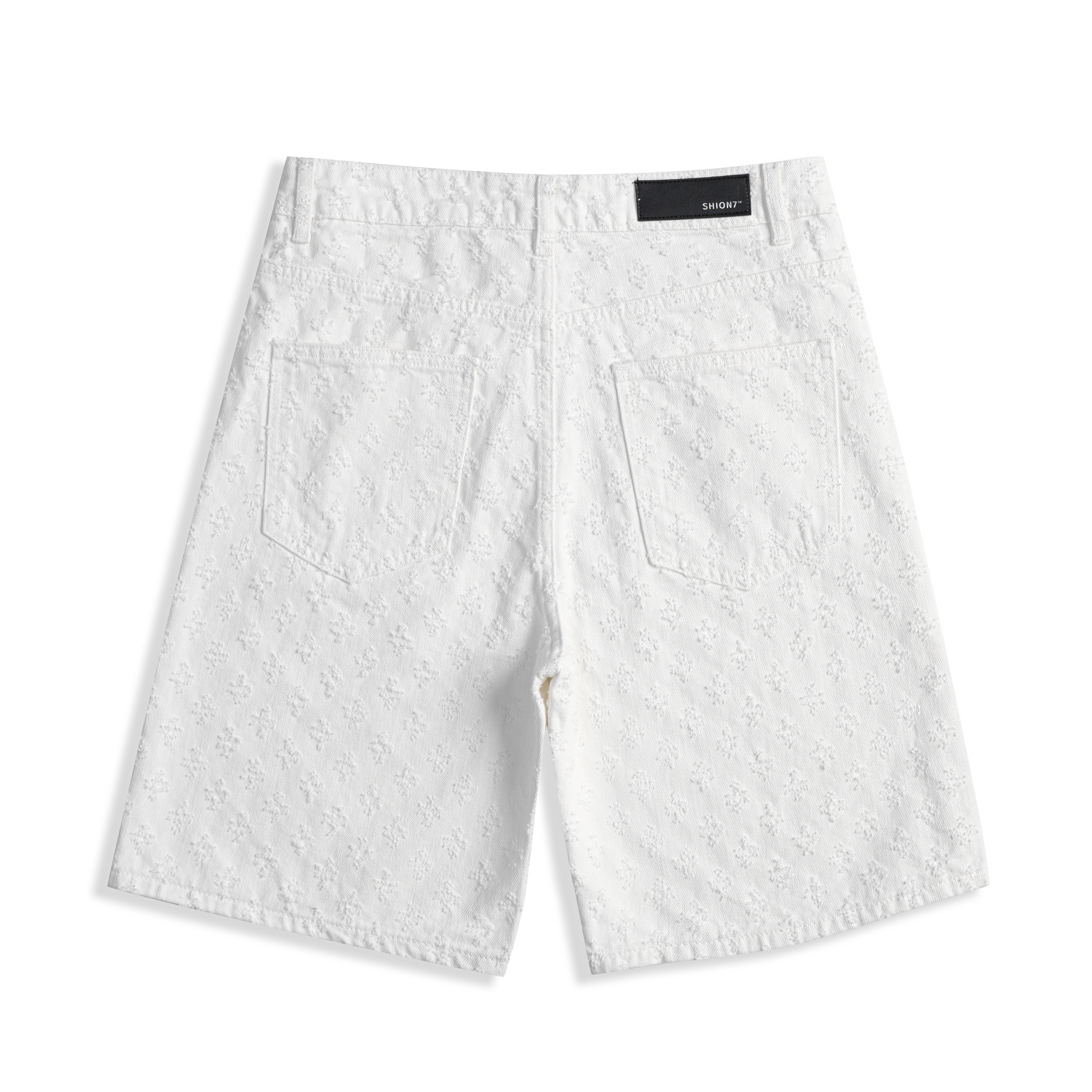 Fashion White Jacquard Denim Shorts Men, Ripped Holes Straight Leg Summer Casual Clean Fit Pants