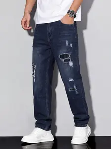 Men's Street Style Ripped Straight Leg Jeans, Deep Blue Loose Fit Denim Jeans, Comfortable Fabric for All Seasons, Casual Daily Wear