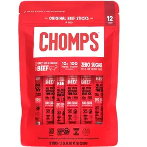 Chomps Grass-Fed and Finished Original Beef Jerky Snack Sticks 12-Pack - Keto, Paleo, Whole30, 10g Lean Meat Protein, Gluten-Free, Zero Sugar Food, Non-GMO