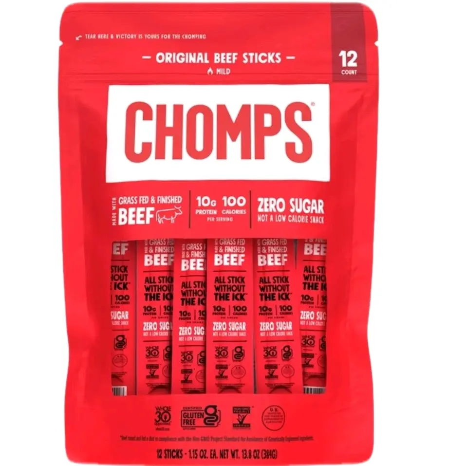 Chomps Grass-Fed & Finished Original Beef Jerky Snack Sticks 12-Pack - Keto, Paleo, Whole30, 10g Lean Meat Protein, Gluten-Free, 0 Sugar, Non-GMO Dried Snack