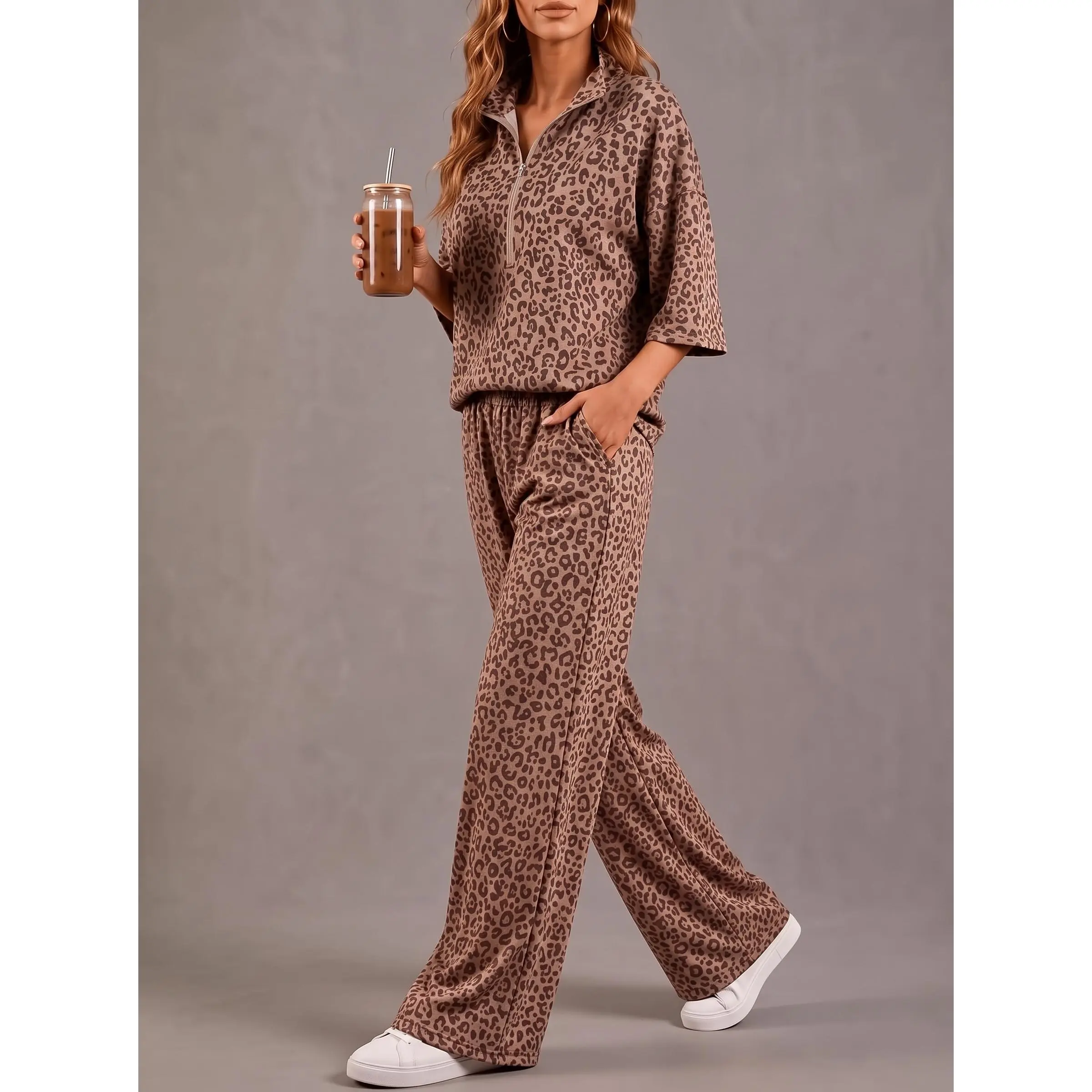 Women's Fashion 2-Piece Leopard Print Set - Short-Sleeve Top, Wide-Leg Pants