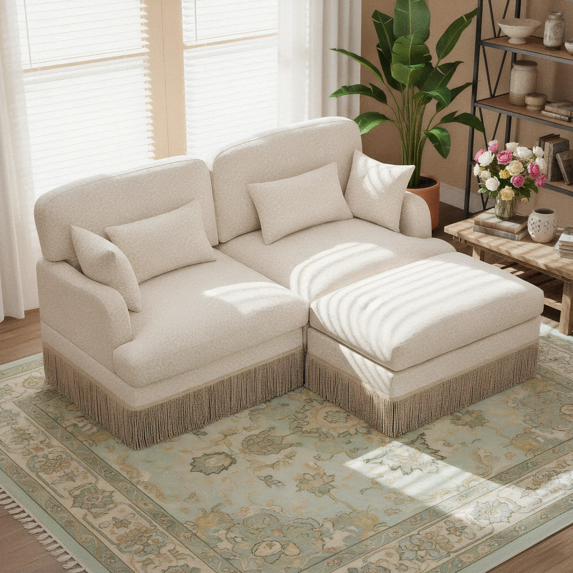 Eyisean 69.2" Modern Modular L/U-Shaped Chenille Deep Seat Upholstered Sofa - 2-Seater with Leopard Print, Tassel Edge, Fixed Arms, Lumbar Pillow, Ottoman, Easy Setup & Assembly Required for Living Room