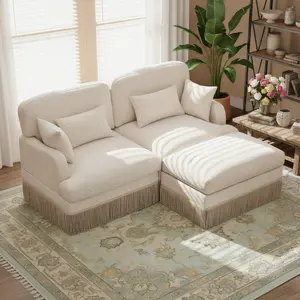 Eyisean 69.2" Modern Modular L/U-Shaped Chenille Deep Seat Upholstered Sofa - 2-Seater with Leopard Print, Tassel Edge, Fixed Arms, Lumbar Pillow, Ottoman, Easy Setup & Assembly Required for Living Room