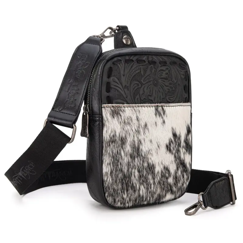 Montana West Genuine Hair-On Cowhide Floral Tooled Sling Bag w/ Adjustable Strap