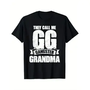 1pc Black Cotton "They Call Me GG Gangster Grandma" Graphic T-Shirt with Combed Design, Short Sleeve, Round Neck, Casual Fit for Women, Perfect Gift for Grandmothers, Humorous Apparel| Playful Graphic Tee| Cotton Fabric, Funny G