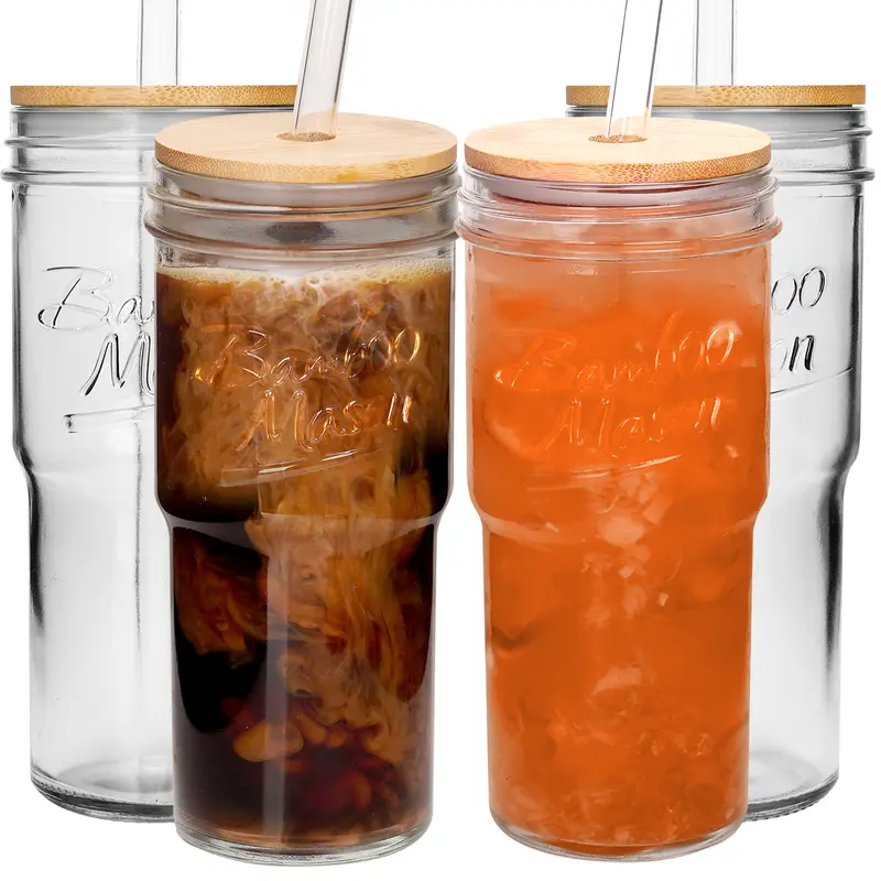 Modern 4-Pack 24oz Mason Jar Water Bottles, Reusable Glass Travel Drinkware with Lids & Straws, Car Cup Holder-Fit, Ideal for Iced Coffee (4 Jars, With Straw Water Bottles)