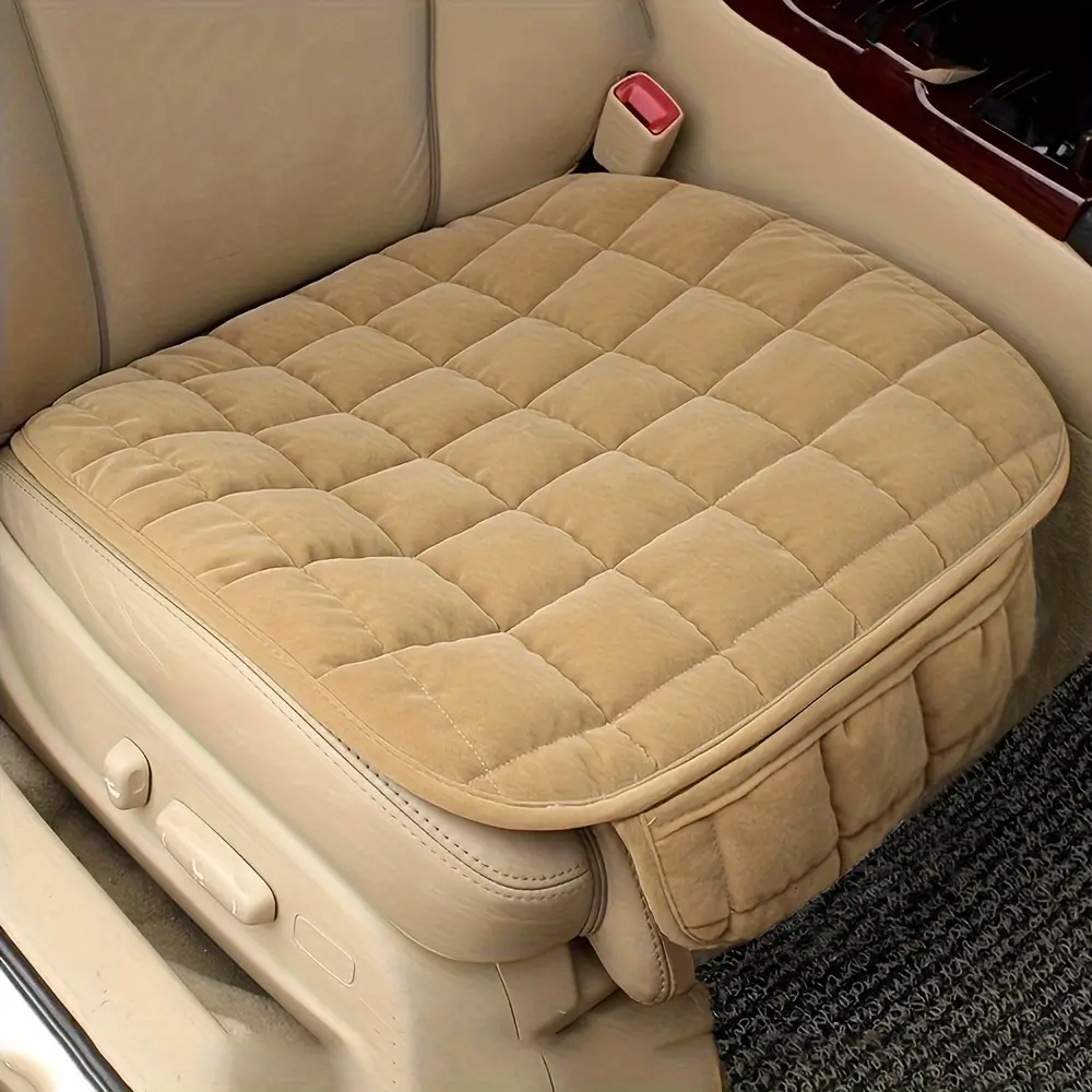Non-Slip Car Seat Cushion, Soft Plaid All-Season Comfort, 10s No-Tool Install, Easy Clean with Hidden Storage Pockets