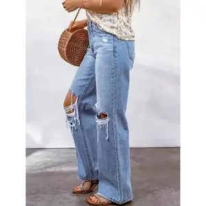 Ladies jeans Vintage Straight Leg Ripped All-Season Solid Color - 350g/m Weight, Slight Stretch, 33 Polyester 1 Elastane Can be used with raincoat