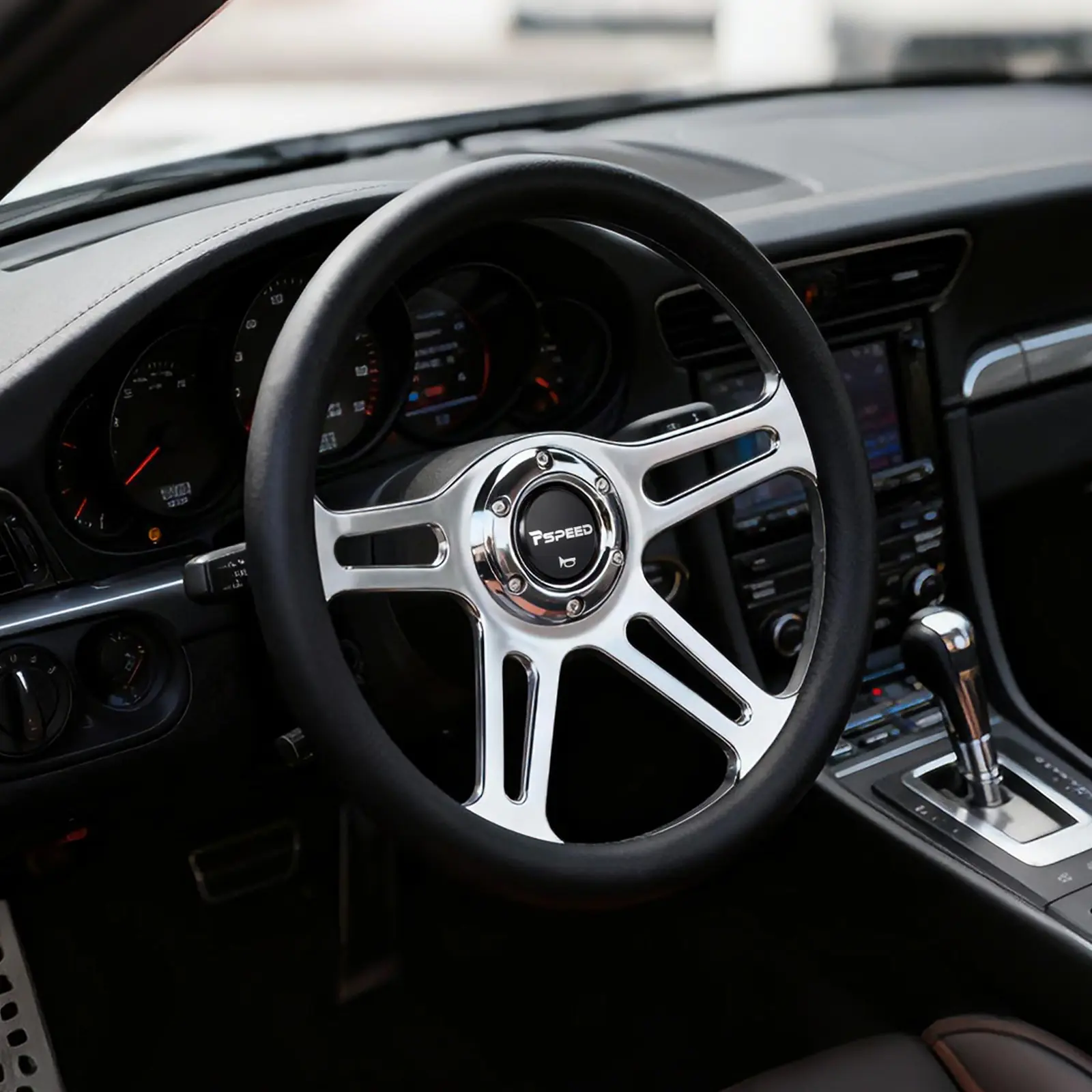 14 inch Universal Steering Wheel,6 Bolt Hole 4 Spoke Chrome-Plated Aluminum Alloy, Deep Dish 70mm, Classic Lychee Leather Grip with Horn Buttonn Fit for Cars,for Classic Car,for Vintage Car