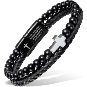 Black Leather Cross Bracelet For Men, Christian Bracelet for Men with Onyx Stone, Mens Jewelry Gifts For Dad Husband Boyfriend Sons