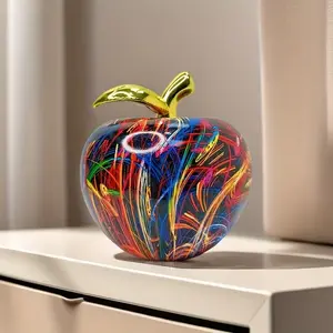 Vibrant Resin Apple Decor with Golden Handle, Blue & Gold Abstract Art, Indoor/outdoor Home Decor, Perfect Christmas Gift, Indoor Home Decoration