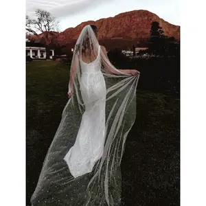 Handmade beaded pearl bridal veil, trailing veil, elegant bridal hair accessory for photography, perfect for weddings and special occasions