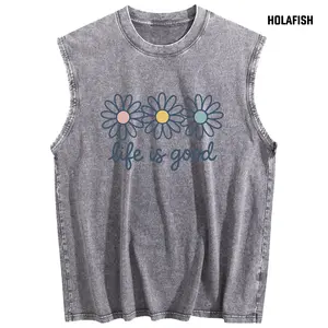 Holafish Upgraded Oversize Tank Tops Acid Washed Printed Tops, Unisex Casual Sleeveless Tee Loose Fit Cotton Blend Summer Beach Tank Top