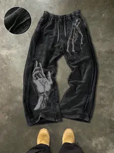 Men's Casual Cotton Pants, Skull Hand Print, Graphic, Geometric, Street Style, Drawstring Waist, Ankle Length, All Seasons, Perfect for Outdoor and Holidays