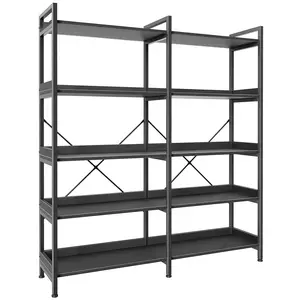 Huuger 5 Tier Bookshelf, Display Bookshelf with 10 Open Shelves and Raised Baffle, 47.2 Inch Straight Wide Bookcase with Metal Frame and Wooden Board, Adjustable Feet