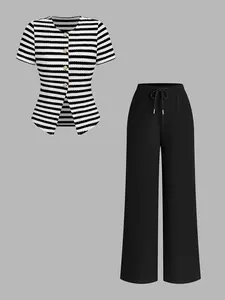 2-Piece Set Round Neck Button Front Waistcoat + Elastic Waist Wide Leg Pants, Casual Versatile Commute, Comfortable Daily Wear