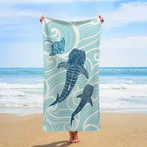 Stylized Whale Shark & Ray Beach Towel, Tribal Ocean Pattern, Absorbent Quick-Dry Towel for Nautical Vibes & Summer Trips