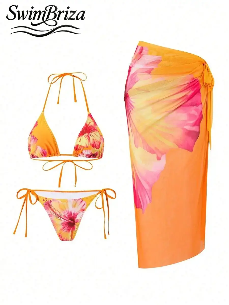 Briza｜Triangle Halter Tie-Side Bikini Sets In Orange Floral Print With A Sarong Swimsuit Cover Up For Women, Two-Piece Swimsuit For Women Designed As Vacation Swimwear For Women, Cute Swimsuits For Women And Bathing Suits For Women