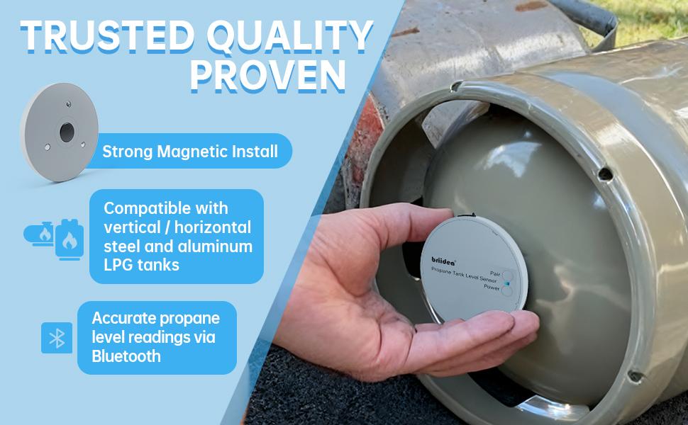 briidea Bluetooth Propane Tank Gauge, Rechargeable Wireless Sensor with Nano Silicone Adhesive Pad (Patent Pending), APP Control, Real-Time Fuel Level Monitor for BBQ Grills, RVs & Restaurants